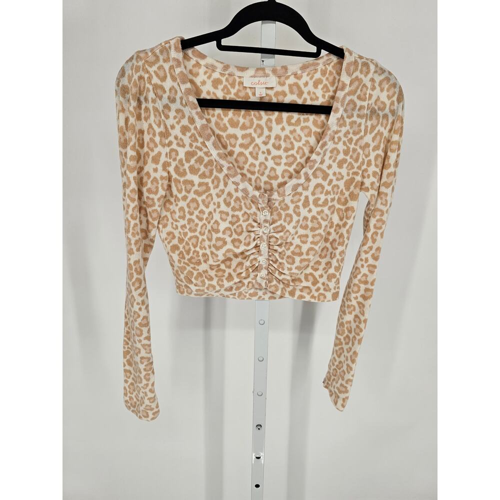 Colsie Womens Sz S Cropped Cardigan Sweater beige Leopard Print